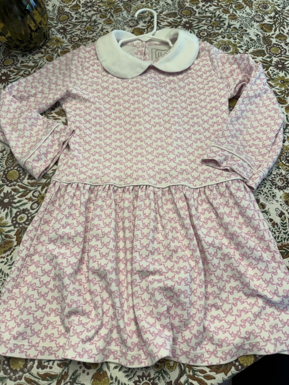 Classic Pink Ribbon-Print Peter Pan Collar Dress for Girls